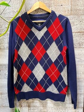 Bluenotes | Preppy Academia Argyle V-Neck Pullover Sweater - Men's M, Blue/Red
